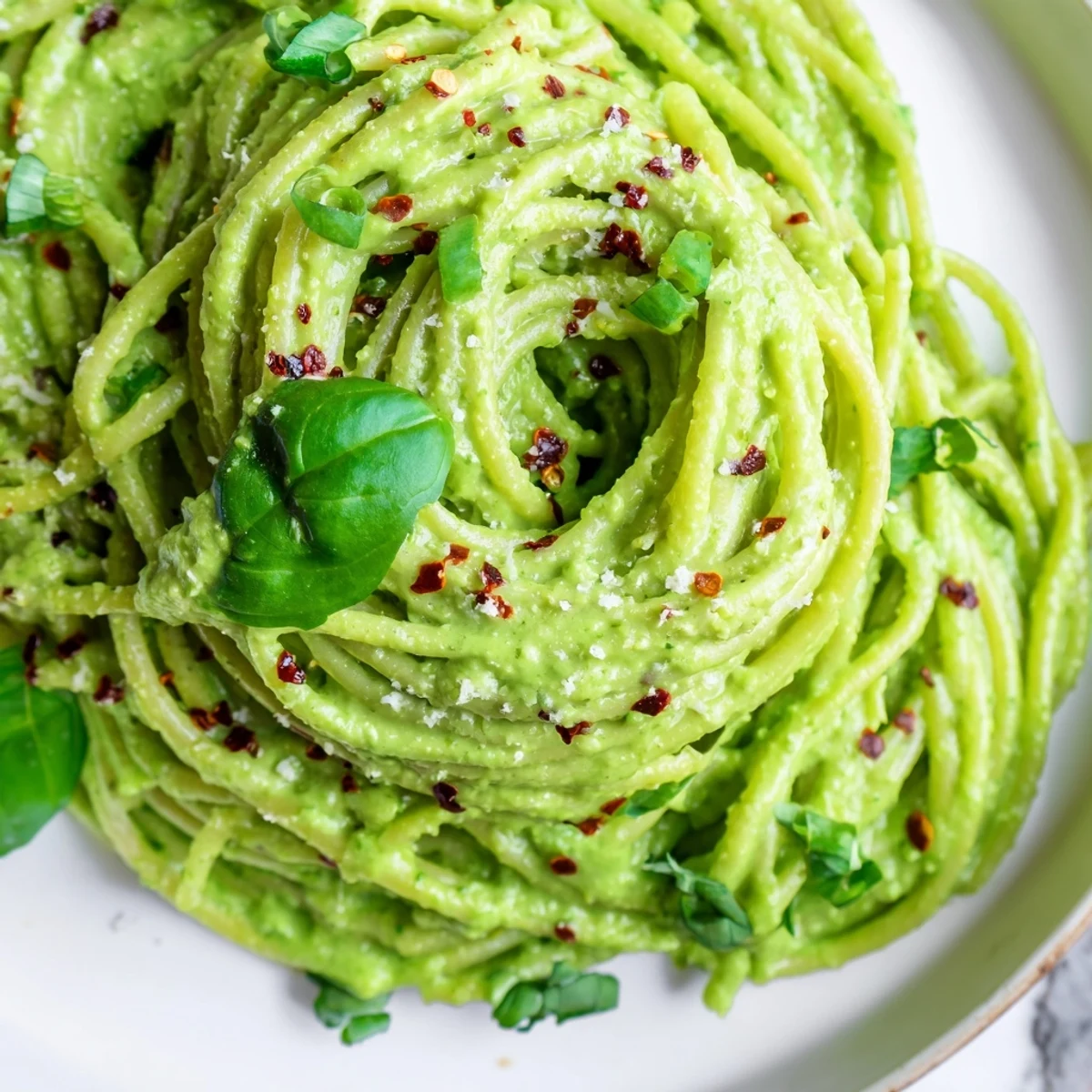 Creamy green goddess pasta sauce coated over twirled spaghetti with fresh basil garnish
