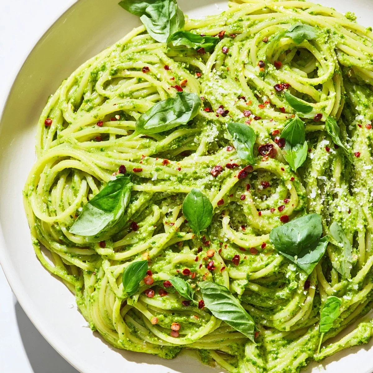 Vibrant green goddess pasta sauce blended with avocado herbs and lemon