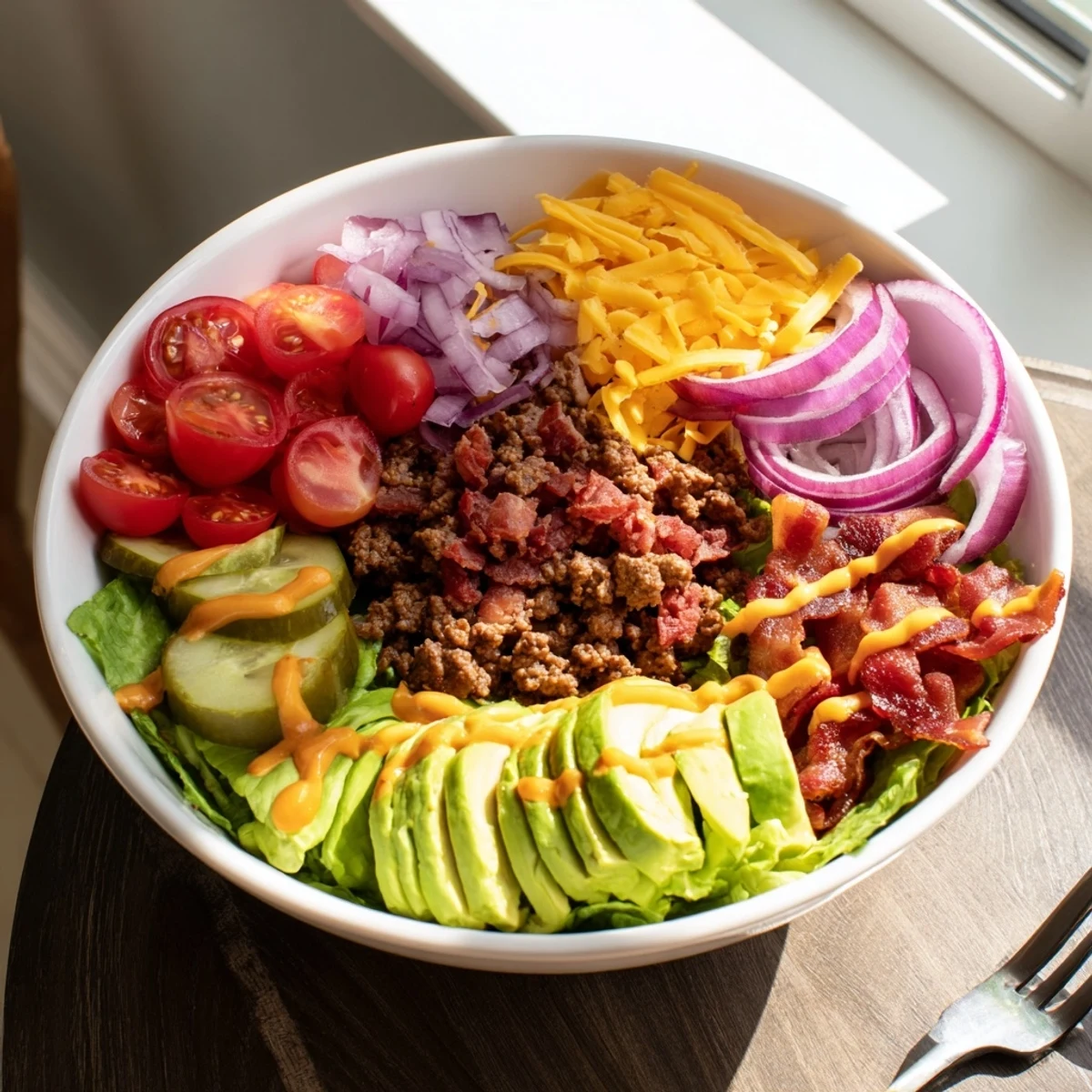 Deconstructed burger bowl recipe featuring seasoned ground beef, fresh crisp veggies, and melted cheddar cheese.