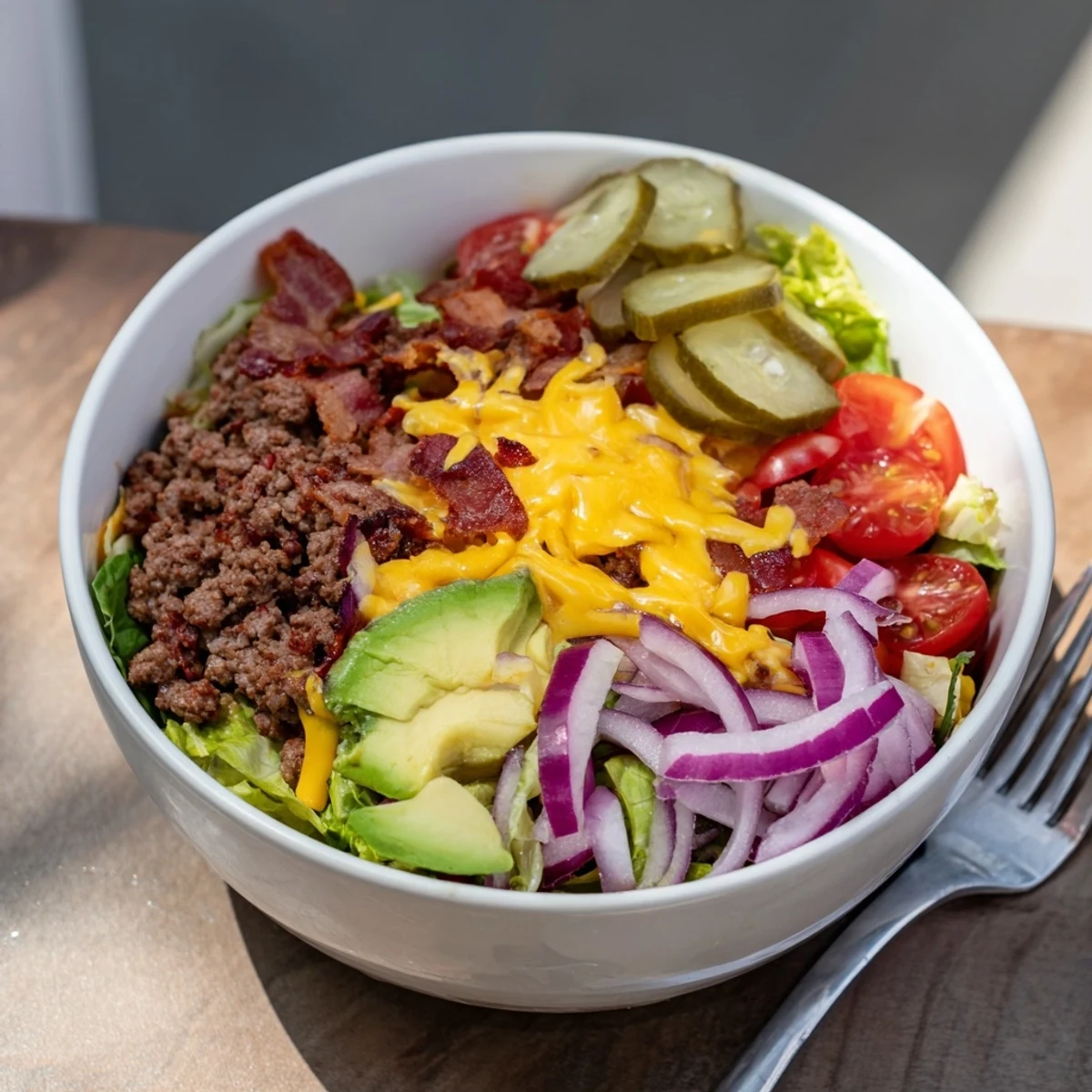 Low-carb burger bowl recipe packed with seasoned beef, crisp lettuce, shredded cheese, and special sauce.