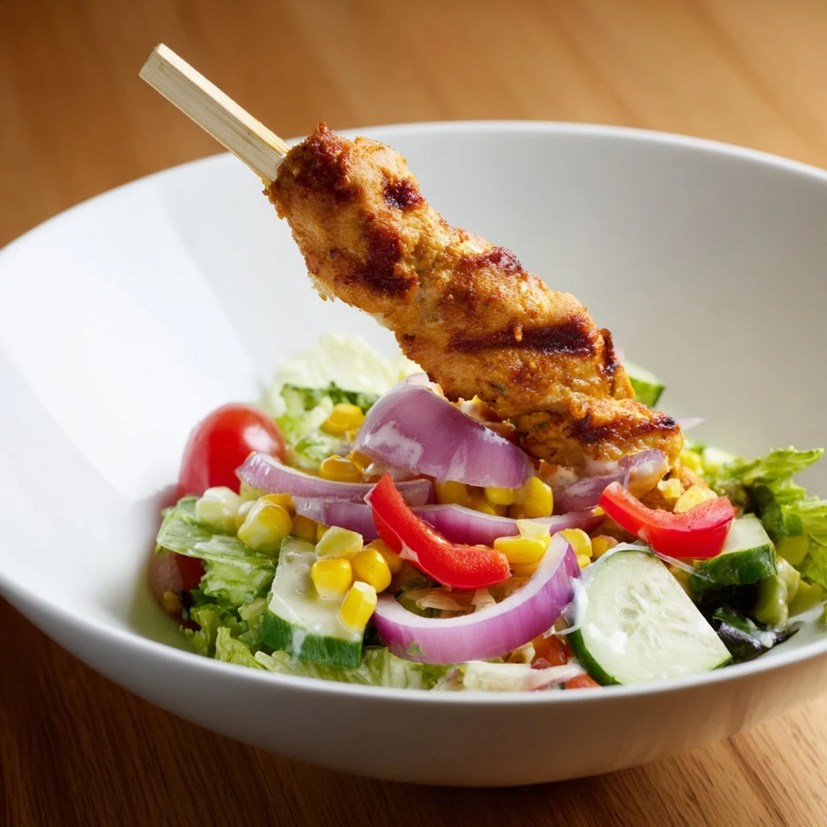 Vibrant BBQ chicken skewer salad featuring juicy grilled chicken atop crisp mixed greens and colorful vegetables.