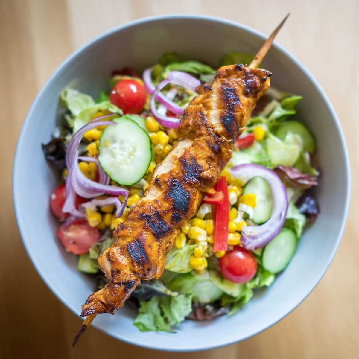 Delicious BBQ chicken skewer salad served fresh with tangy dressing and crunchy red bell peppers.