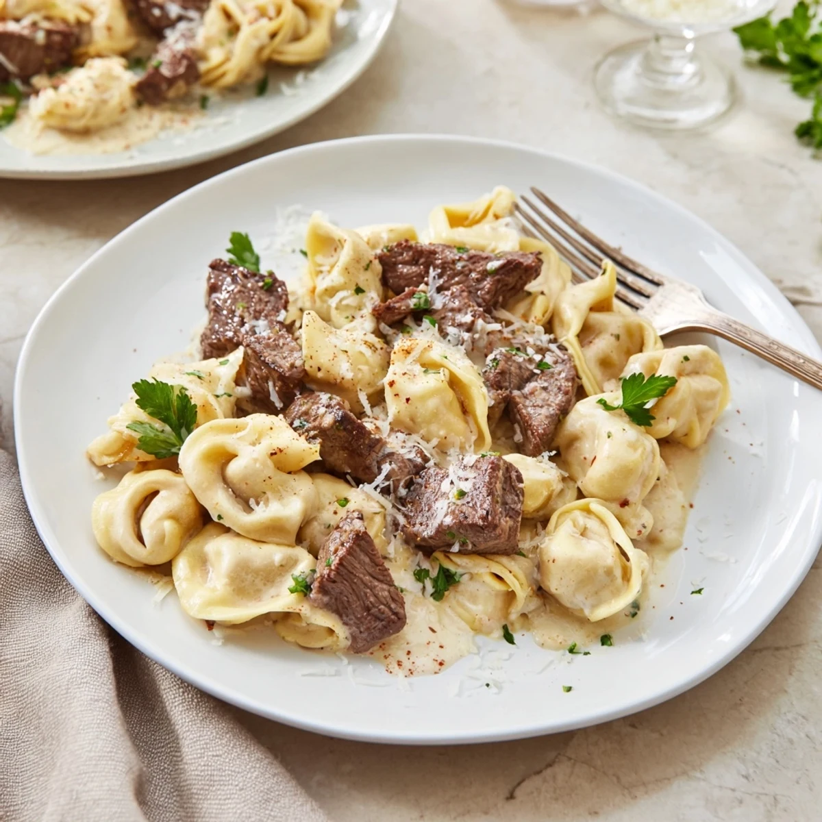 Creamy garlic steak tortellini plated with seared sirloin and fresh parsley for an Italian-American dinner