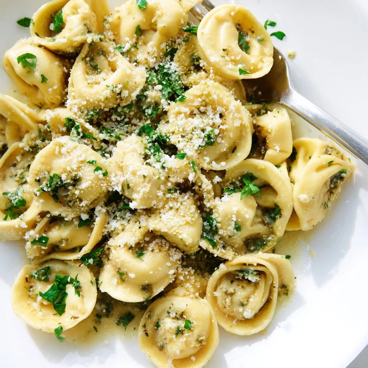 A plate of tender chicken tortellini pasta served in a savory garlic cream sauce with extra cheese.