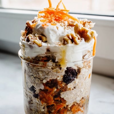 Carrot cake overnight oats in a jar with grated carrots raisins and coconut shreds