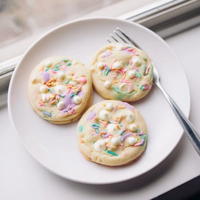 Chewy pastel white chocolate cookies dotted with melts and festive Easter sprinkles stacked together