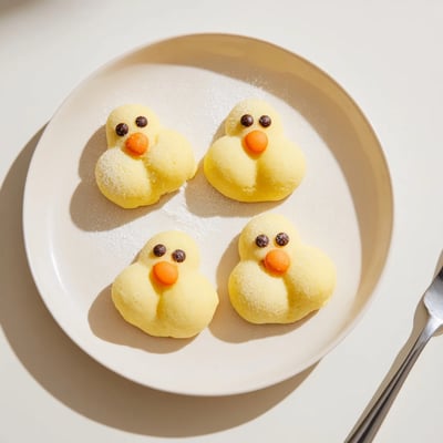 Golden chick cookies decorated with chocolate chip eyes and orange candy beaks for spring celebrations