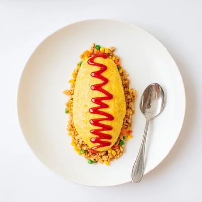 Creamy omurice omelette splitting open to reveal colorful chicken fried rice inside