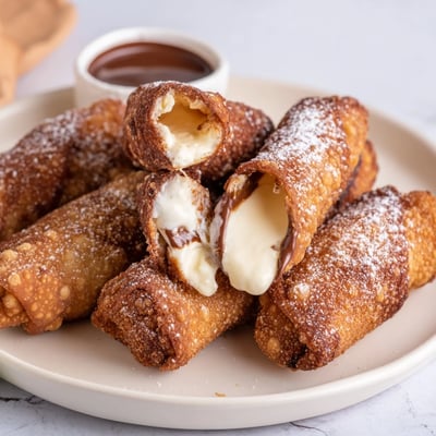 Crispy cheesecake egg rolls dessert served warm with rich chocolate dipping sauce
