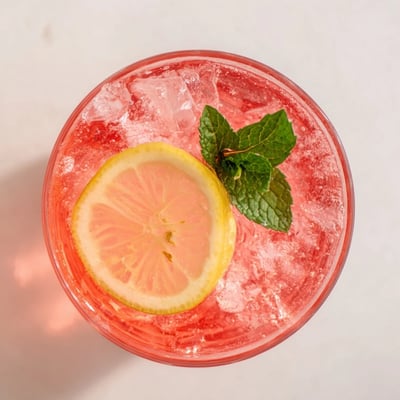 Sparkling honey lemon pink soda in tall glasses topped with lemon wheels