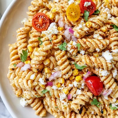 Creamy Elote Pasta Salad tossed with charred corn, tomatoes, and tangy lime dressing