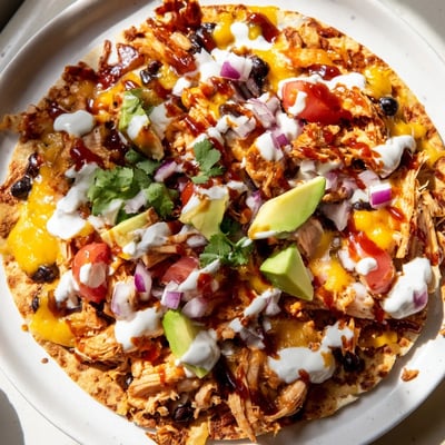 Golden tostada shells piled high with tender sweet smoky BBQ chicken and colorful veggie toppings