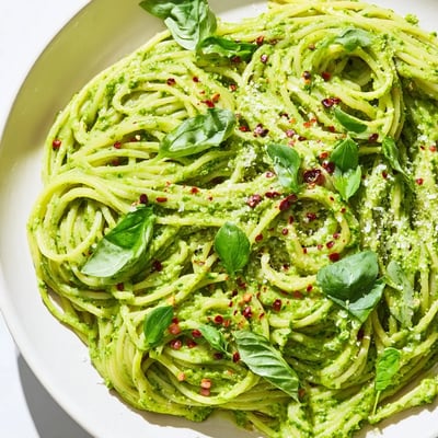 Vibrant green goddess pasta sauce blended with avocado herbs and lemon